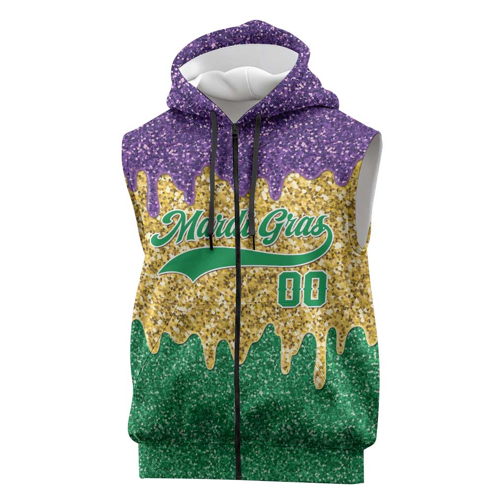 Custom Mardi Gras Dripping Sleeveless Zip Hoodie Baseball Sparkling Drip Motif - Wonder Print Shop