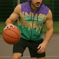Custom Mardi Gras Dripping Sleeveless Zip Hoodie Baseball Sparkling Drip Motif - Wonder Print Shop