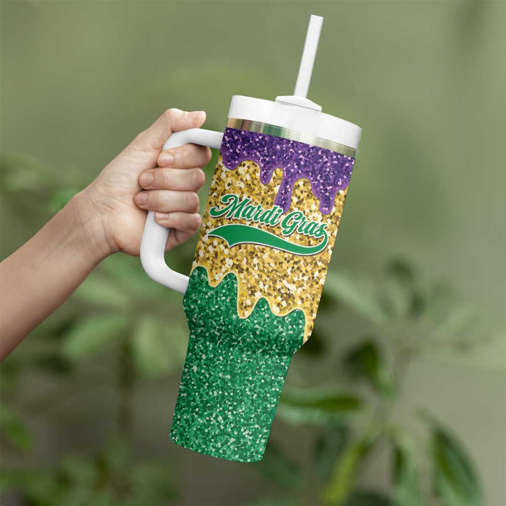 Custom Mardi Gras Dripping Tumbler With Handle Baseball Sparkling Drip Motif - Wonder Print Shop