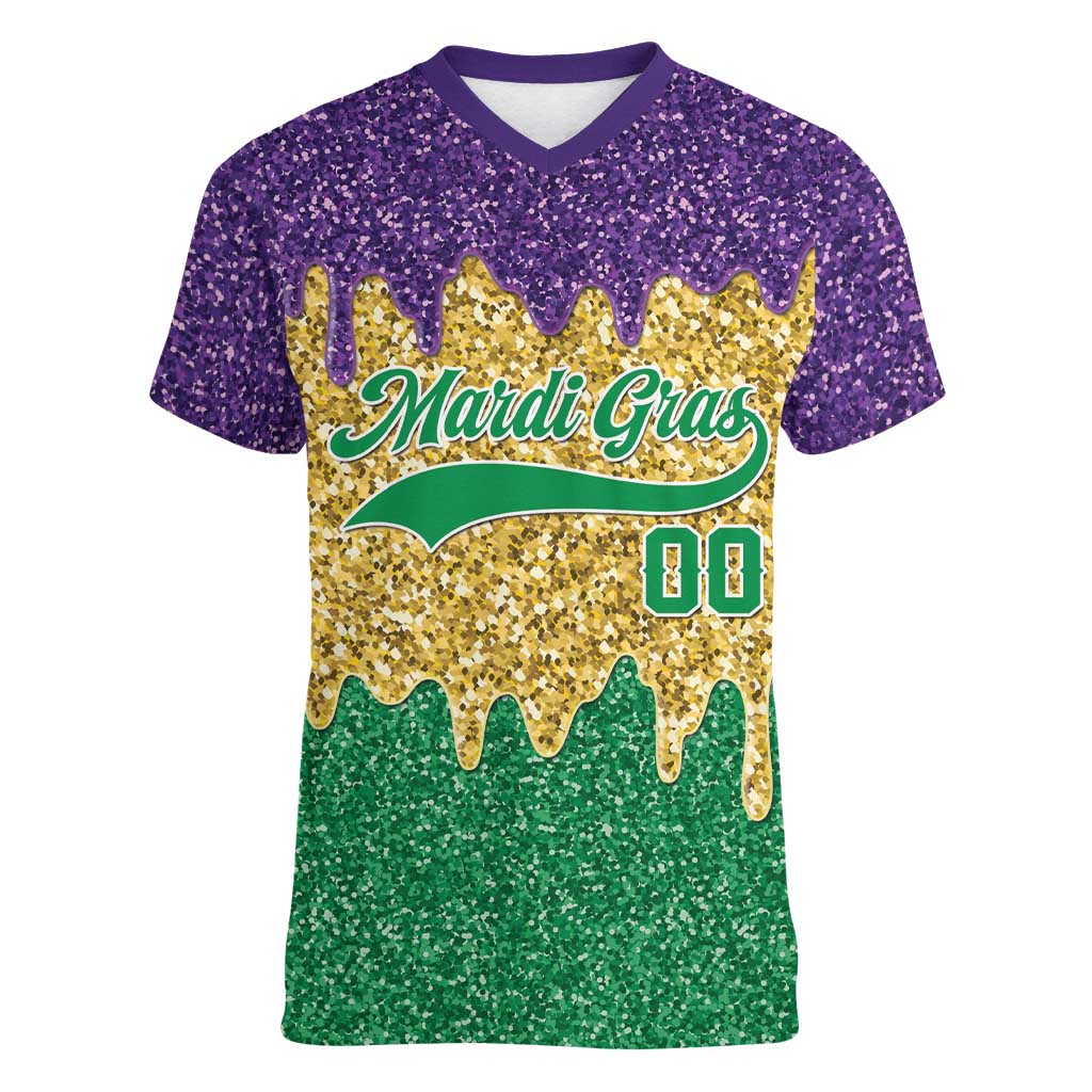 Custom Mardi Gras Dripping Women V-Neck T-Shirt Baseball Sparkling Drip Motif - Wonder Print Shop
