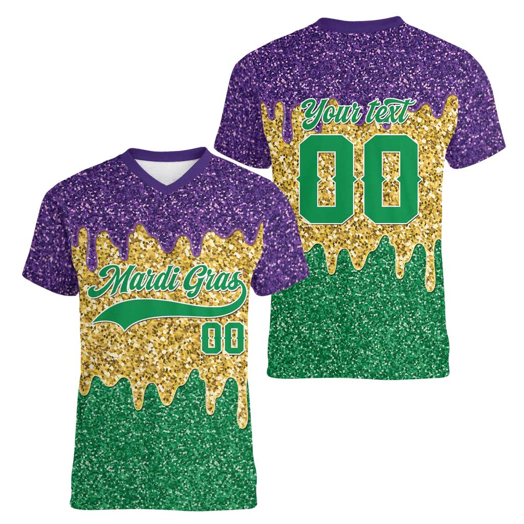 Custom Mardi Gras Dripping Women V-Neck T-Shirt Baseball Sparkling Drip Motif - Wonder Print Shop