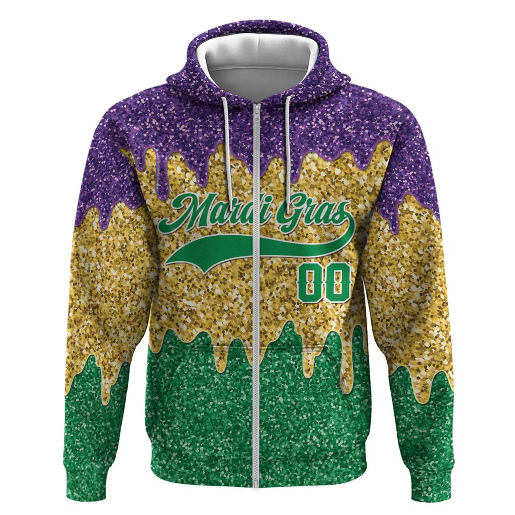 Custom Mardi Gras Dripping Zip Hoodie Baseball Sparkling Drip Motif - Wonder Print Shop
