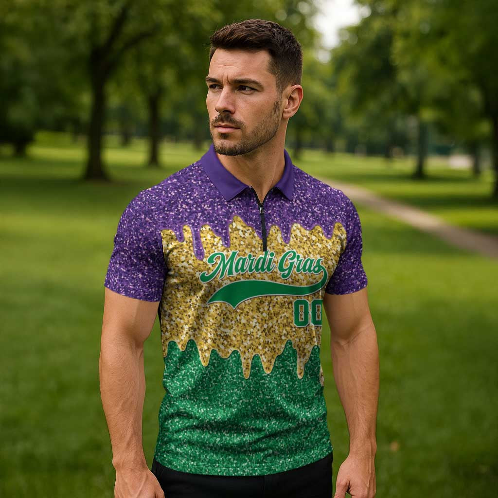 Custom Mardi Gras Dripping Zipper Polo Shirt Baseball Sparkling Drip Motif - Wonder Print Shop