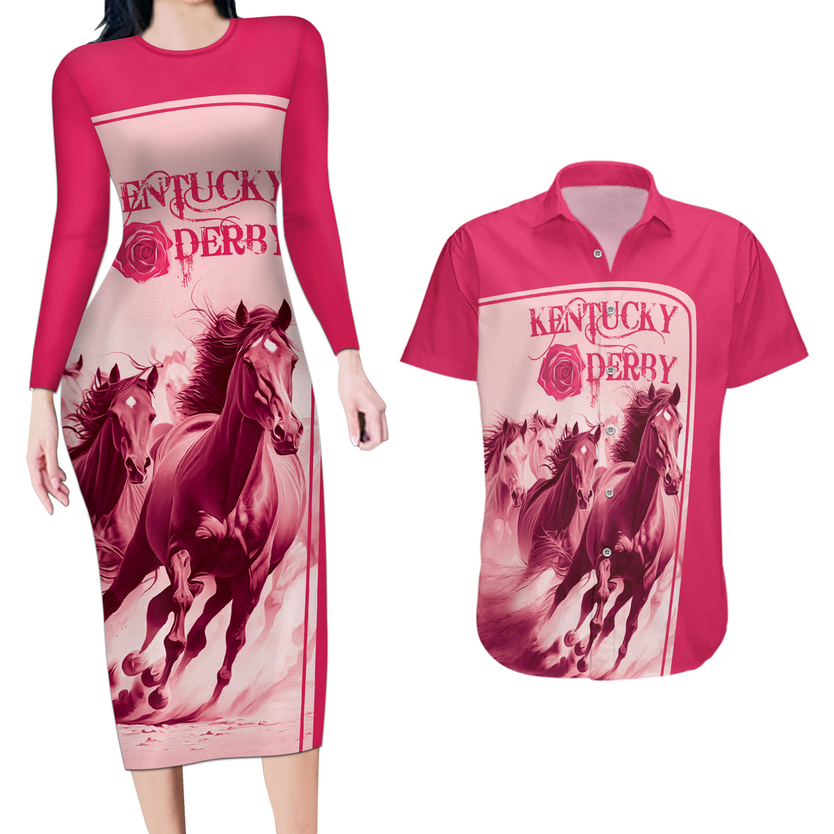 Kentucky Horse Racing Personalized Couples Matching Long Sleeve Bodycon Dress and Hawaiian Shirt Pink Out LT9 - Wonder Print Shop