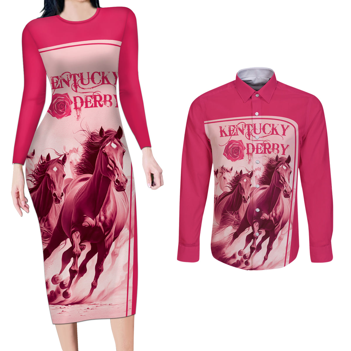 Kentucky Horse Racing Personalized Couples Matching Long Sleeve Bodycon Dress and Long Sleeve Button Shirt Pink Out LT9 - Wonder Print Shop