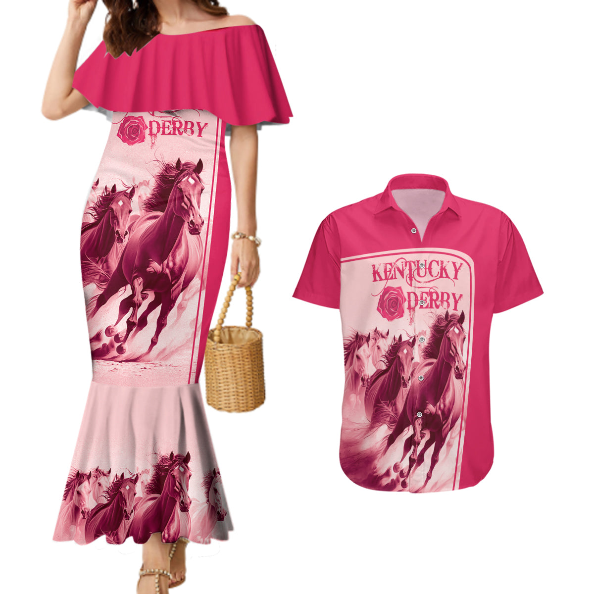 Kentucky Horse Racing Personalized Couples Matching Mermaid Dress and Hawaiian Shirt Pink Out LT9 - Wonder Print Shop