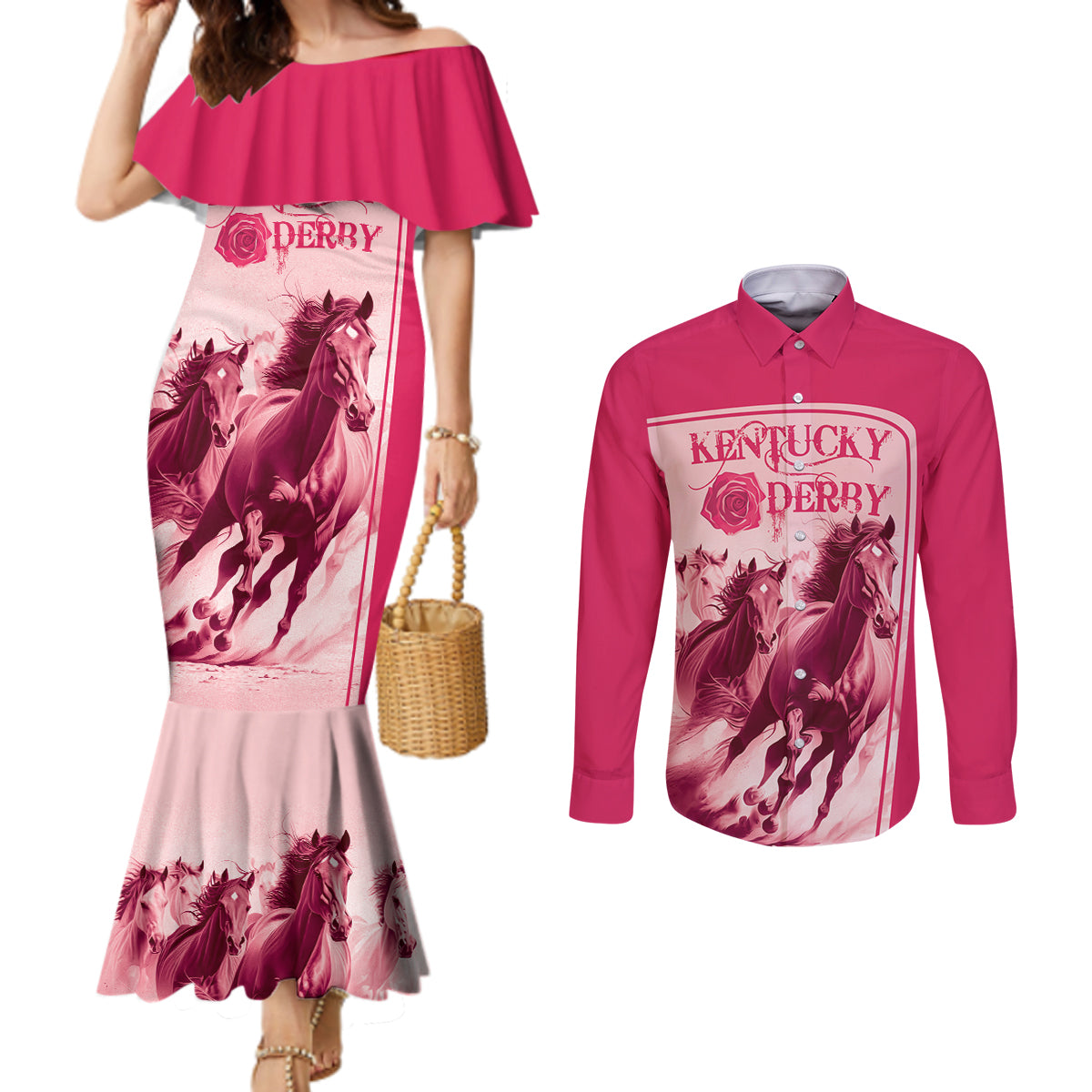 Kentucky Derby Horse Racing Personalized Couples Matching Mermaid Dress and Long Sleeve Button Shirt Pink Out