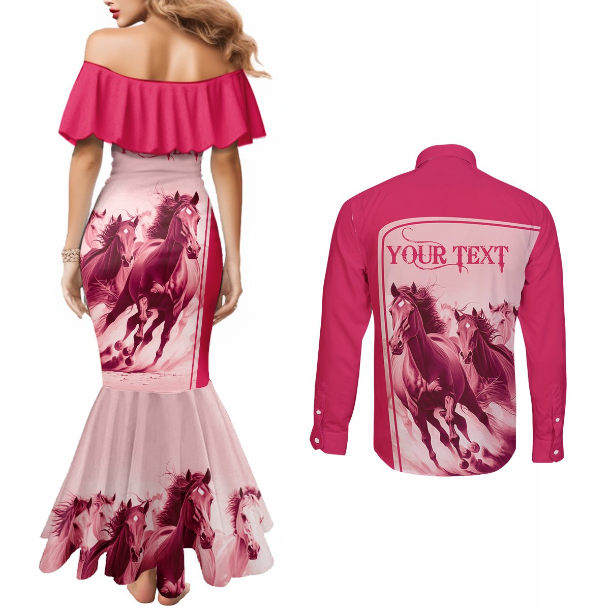 Kentucky Derby Horse Racing Personalized Couples Matching Mermaid Dress and Long Sleeve Button Shirt Pink Out