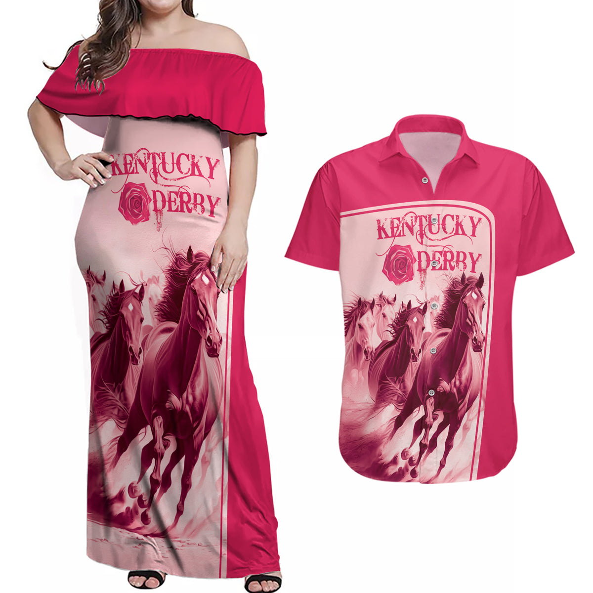 Kentucky Horse Racing Personalized Couples Matching Off Shoulder Maxi Dress and Hawaiian Shirt Pink Out LT9 - Wonder Print Shop