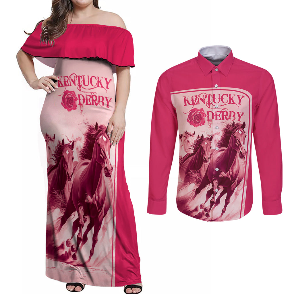Kentucky Horse Racing Personalized Couples Matching Off Shoulder Maxi Dress and Long Sleeve Button Shirt Pink Out LT9 - Wonder Print Shop
