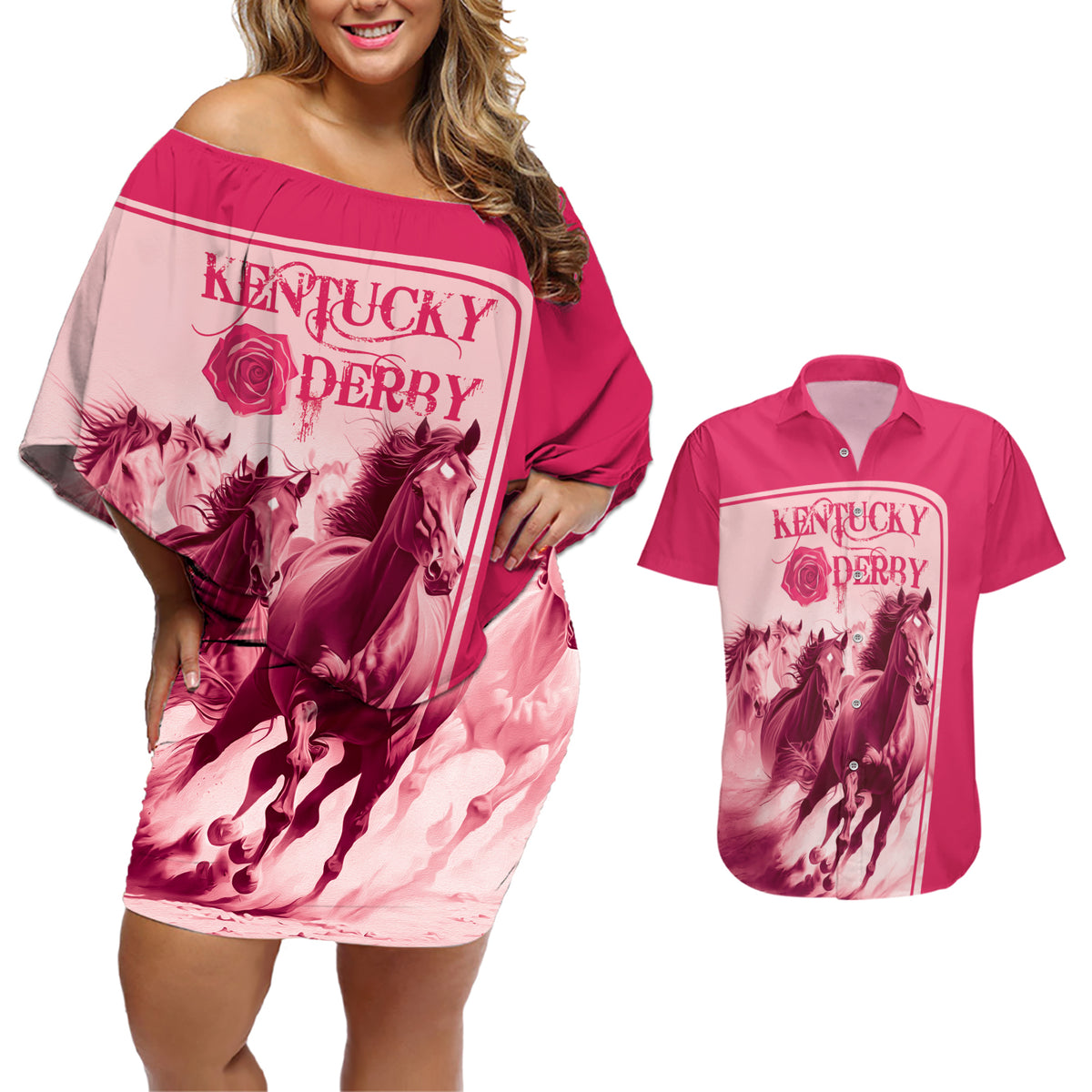 Kentucky Horse Racing Personalized Couples Matching Off Shoulder Short Dress and Hawaiian Shirt Pink Out LT9 - Wonder Print Shop