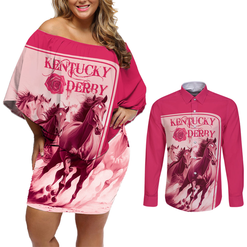 Kentucky Horse Racing Personalized Couples Matching Off Shoulder Short Dress and Long Sleeve Button Shirt Pink Out LT9 - Wonder Print Shop