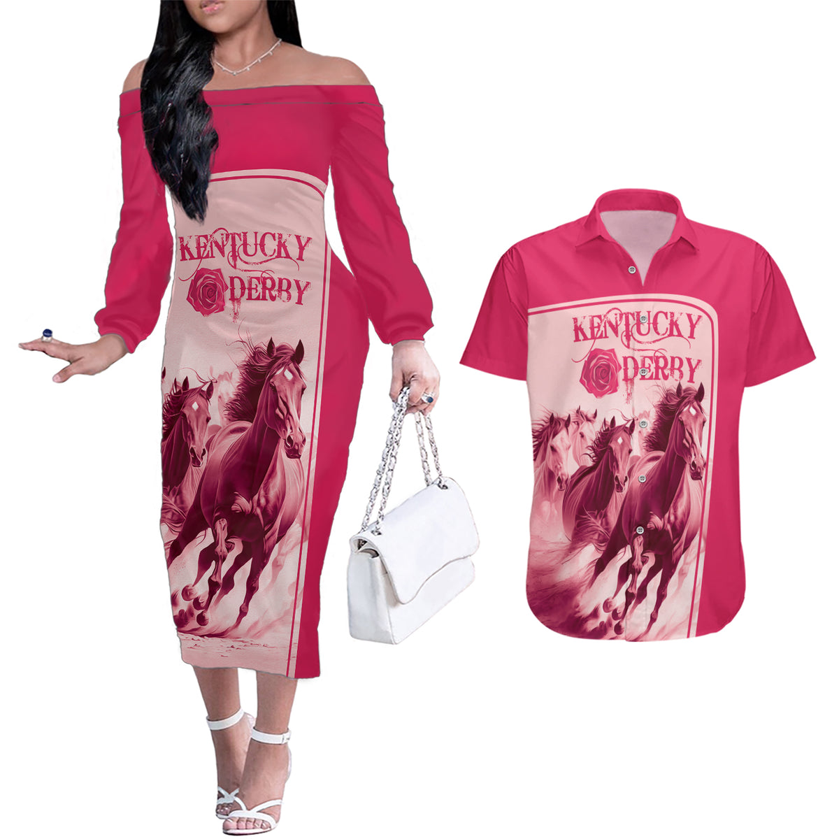 Kentucky Horse Racing Personalized Couples Matching Off The Shoulder Long Sleeve Dress and Hawaiian Shirt Pink Out LT9 - Wonder Print Shop
