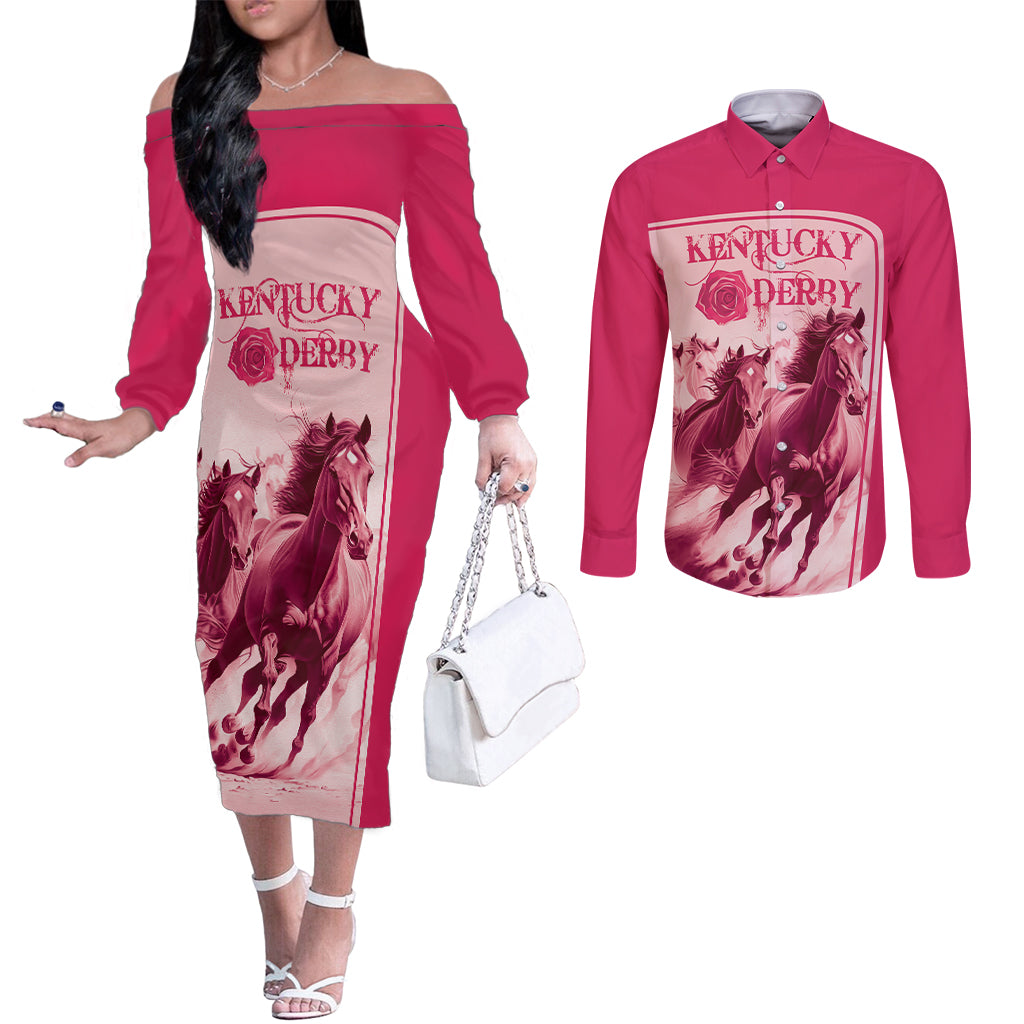 Kentucky Derby Horse Racing Personalized Couples Matching Off The Shoulder Long Sleeve Dress and Long Sleeve Button Shirt Pink Out