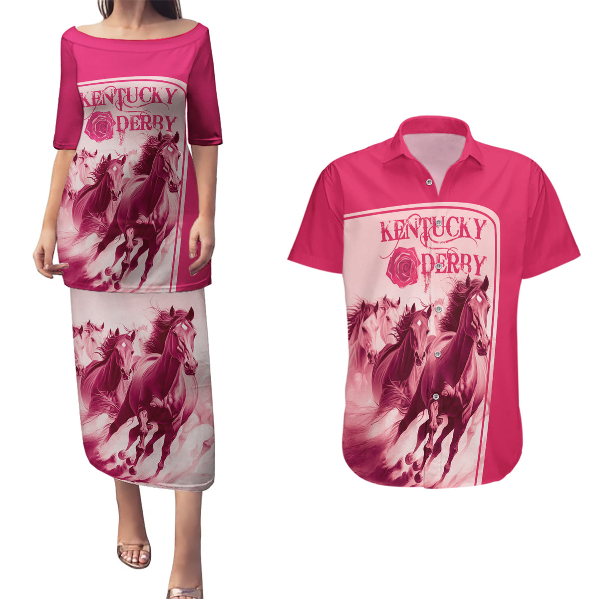 Kentucky Horse Racing Personalized Couples Matching Puletasi and Hawaiian Shirt Pink Out LT9 - Wonder Print Shop