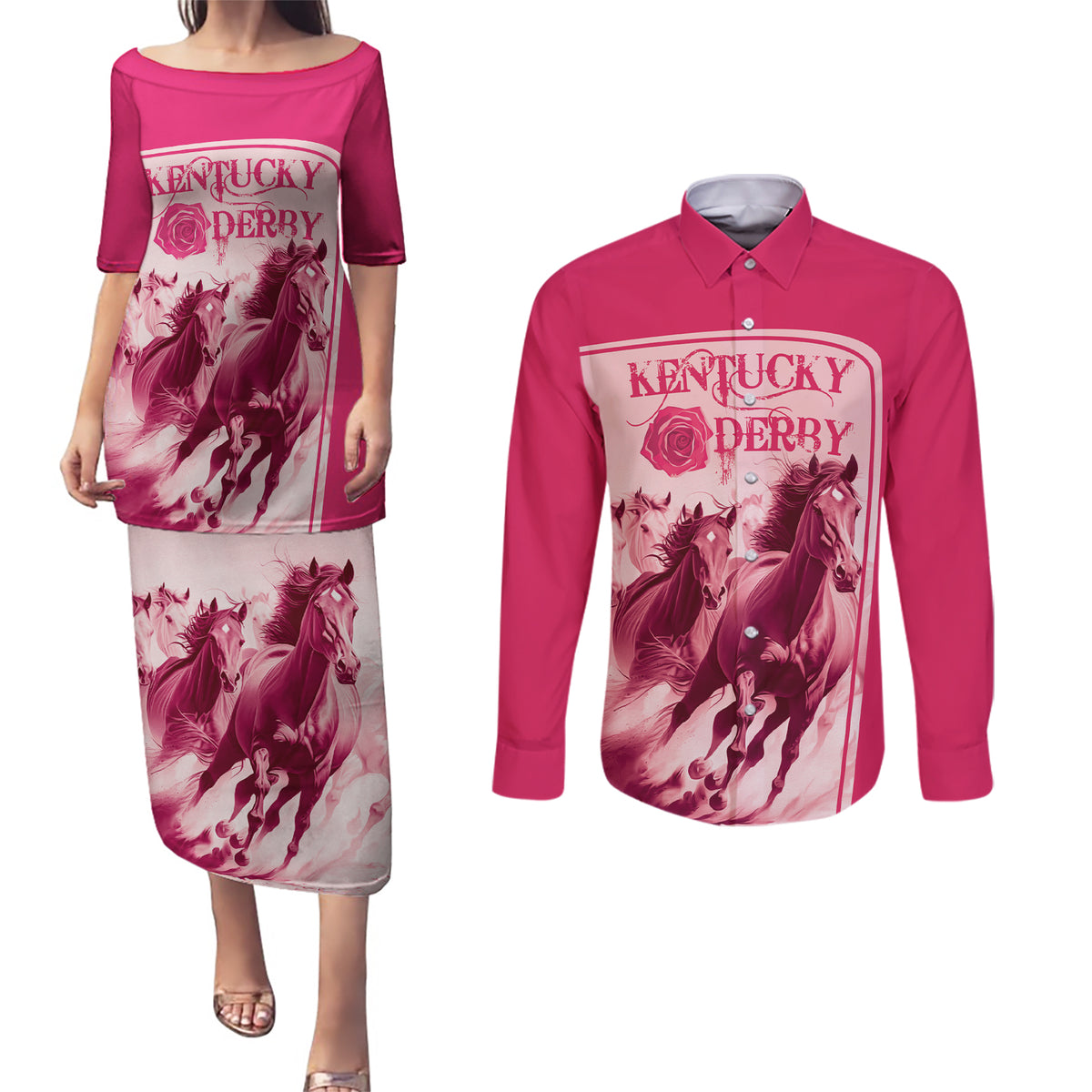 Kentucky Horse Racing Personalized Couples Matching Puletasi and Long Sleeve Button Shirt Pink Out LT9 - Wonder Print Shop