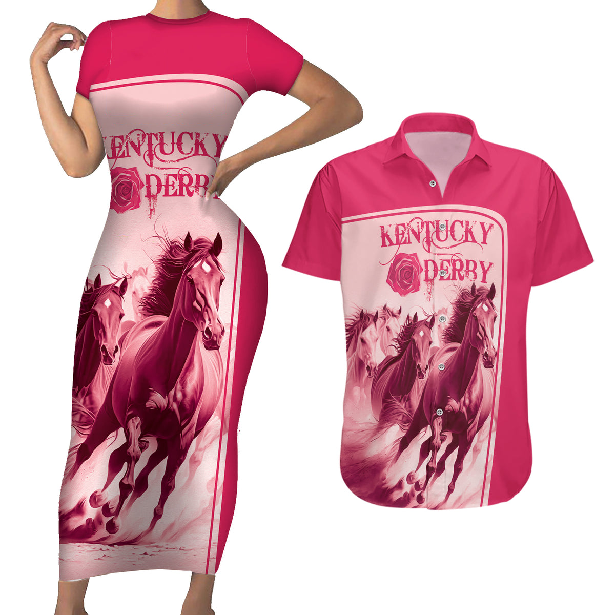 Kentucky Horse Racing Personalized Couples Matching Short Sleeve Bodycon Dress and Hawaiian Shirt Pink Out LT9 - Wonder Print Shop