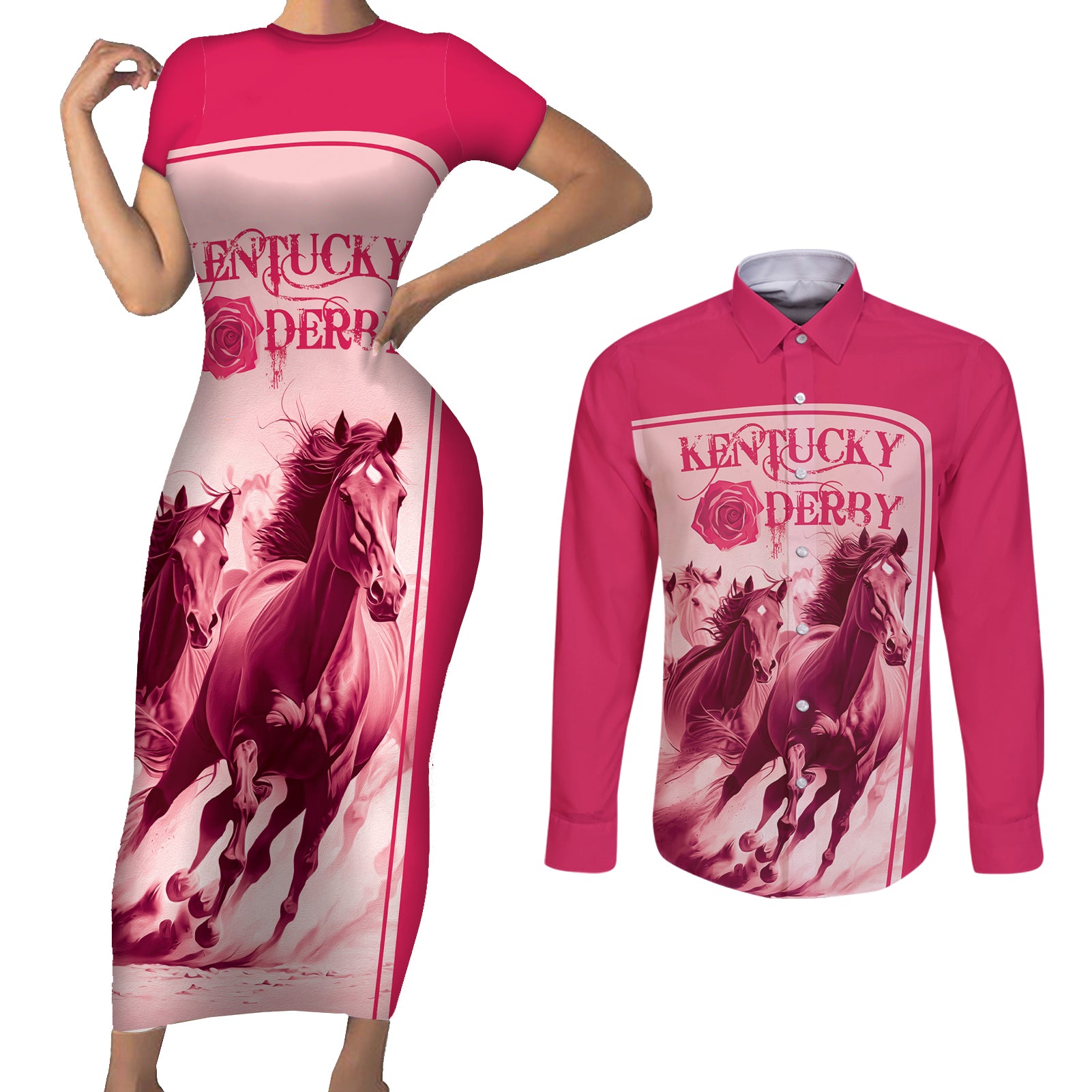 Kentucky Horse Racing Personalized Couples Matching Short Sleeve Bodycon Dress and Long Sleeve Button Shirt Pink Out LT9 - Wonder Print Shop