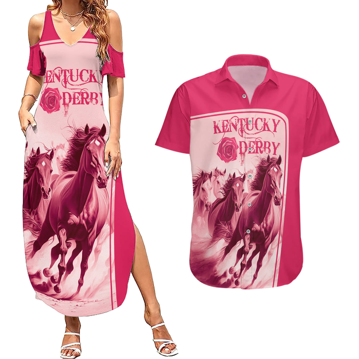 Kentucky Horse Racing Personalized Couples Matching Summer Maxi Dress and Hawaiian Shirt Pink Out LT9 - Wonder Print Shop