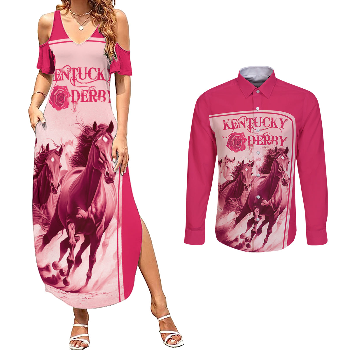 Kentucky Horse Racing Personalized Couples Matching Summer Maxi Dress and Long Sleeve Button Shirt Pink Out LT9 - Wonder Print Shop