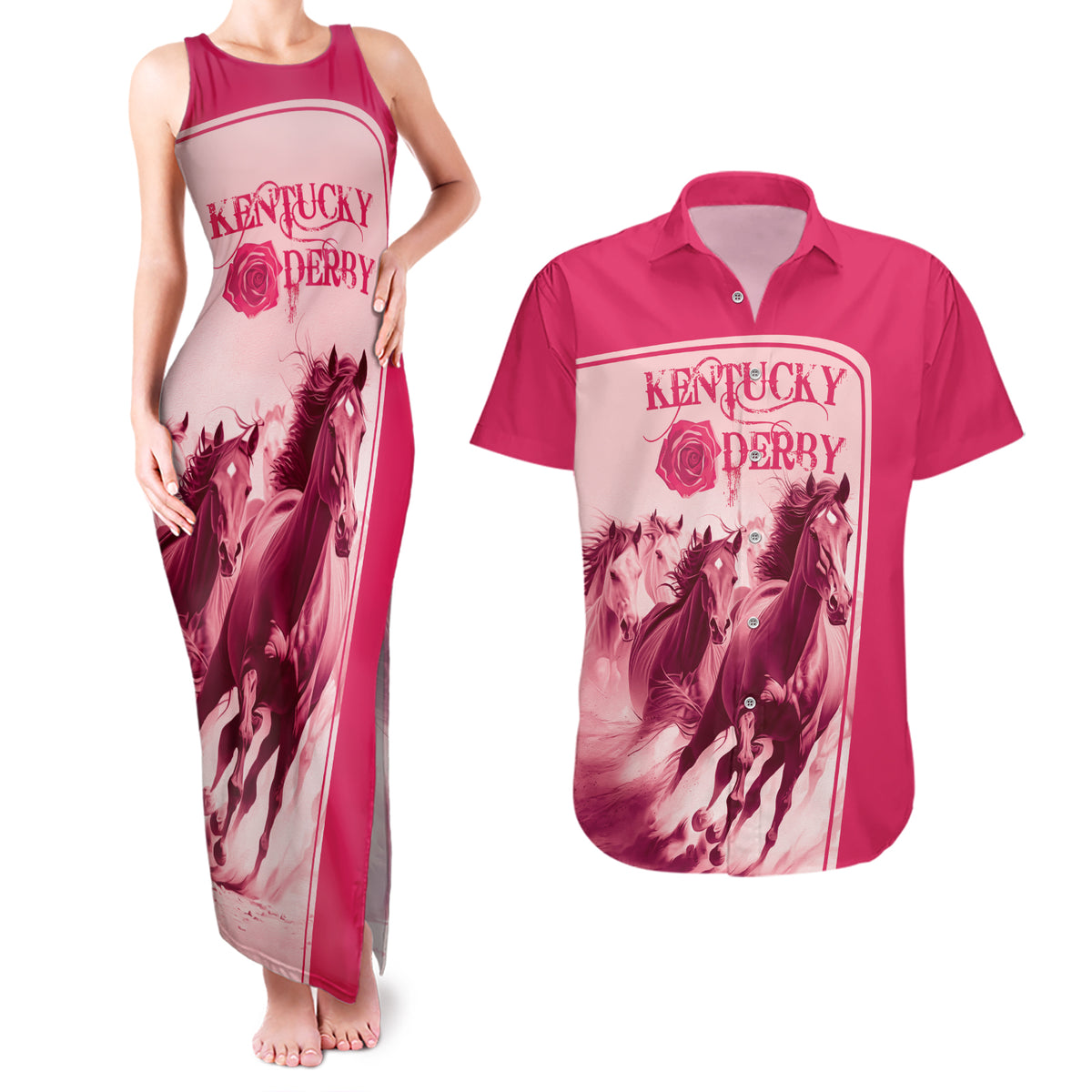 Kentucky Horse Racing Personalized Couples Matching Tank Maxi Dress and Hawaiian Shirt Pink Out LT9 - Wonder Print Shop