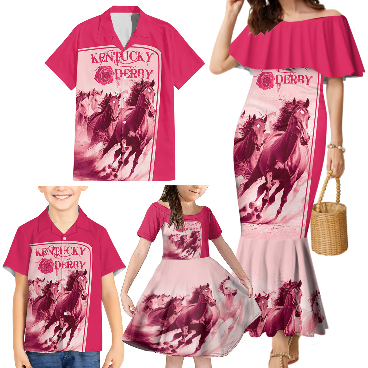 Kentucky Horse Racing Personalized Family Matching Mermaid Dress and Hawaiian Shirt Pink Out LT9 - Wonder Print Shop