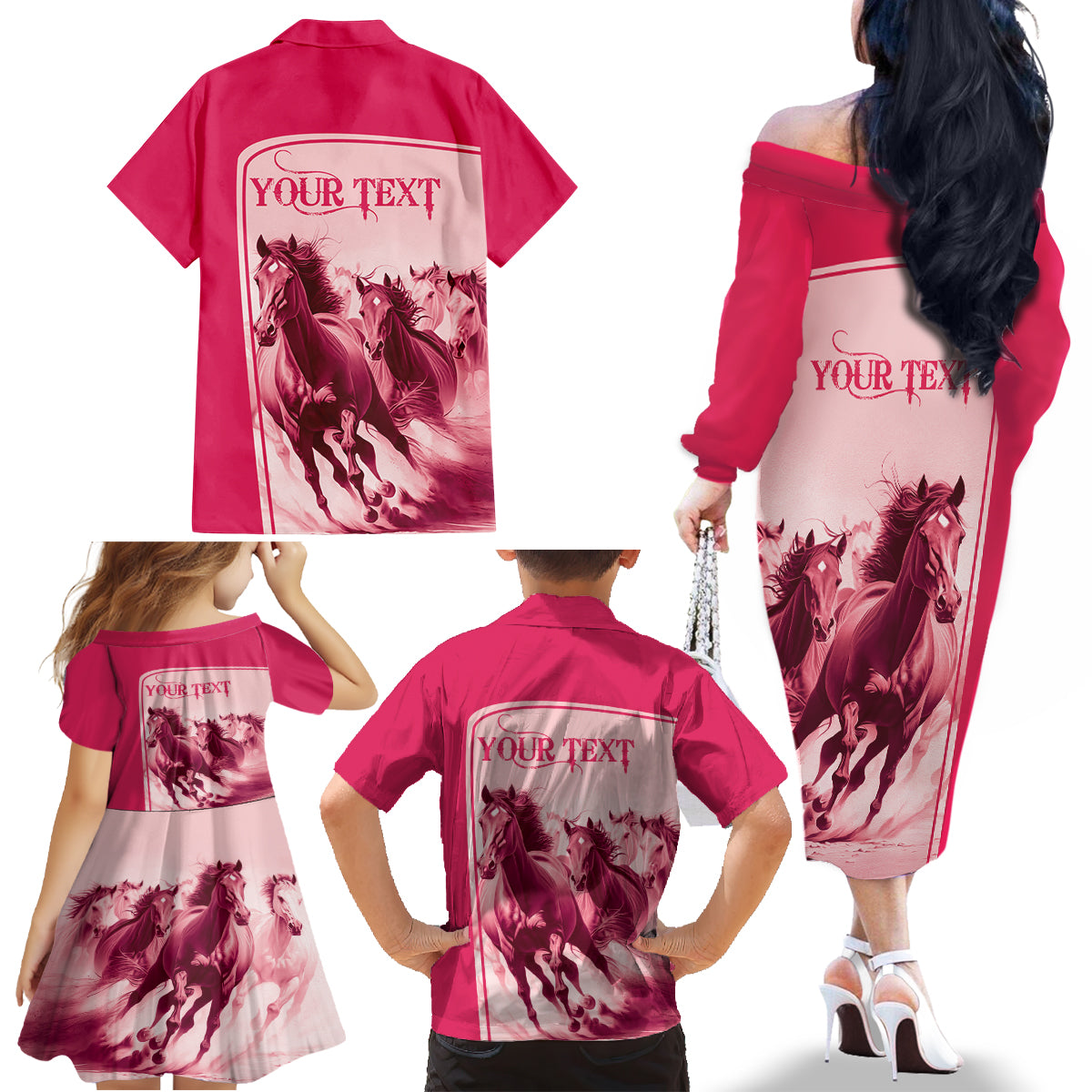 Kentucky Horse Racing Personalized Family Matching Off Shoulder Long Sleeve Dress and Hawaiian Shirt Pink Out - Wonder Print Shop