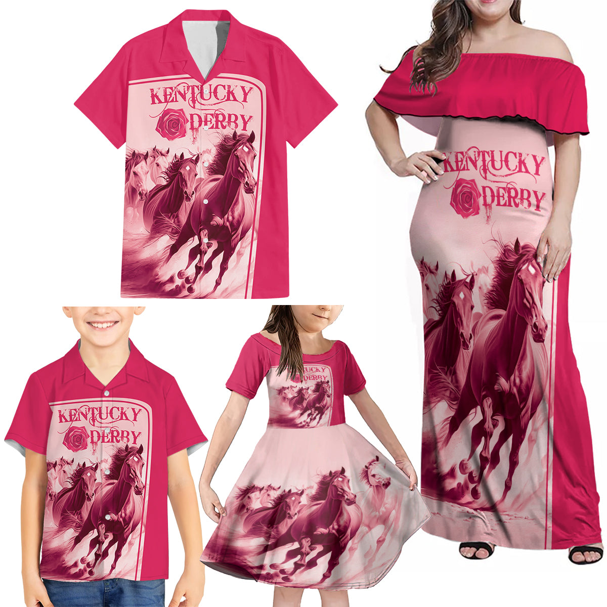 Kentucky Horse Racing Personalized Family Matching Off Shoulder Maxi Dress and Hawaiian Shirt Pink Out LT9 - Wonder Print Shop