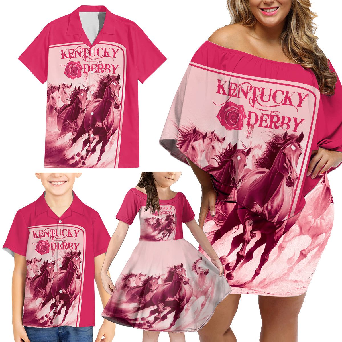 Kentucky Horse Racing Personalized Family Matching Off Shoulder Short Dress and Hawaiian Shirt Pink Out LT9 - Wonder Print Shop