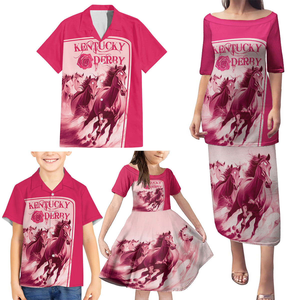 Kentucky Horse Racing Personalized Family Matching Puletasi and Hawaiian Shirt Pink Out - Wonder Print Shop