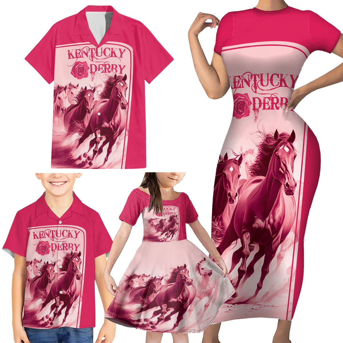 Kentucky Horse Racing Personalized Family Matching Short Sleeve Bodycon Dress and Hawaiian Shirt Pink Out - Wonder Print Shop