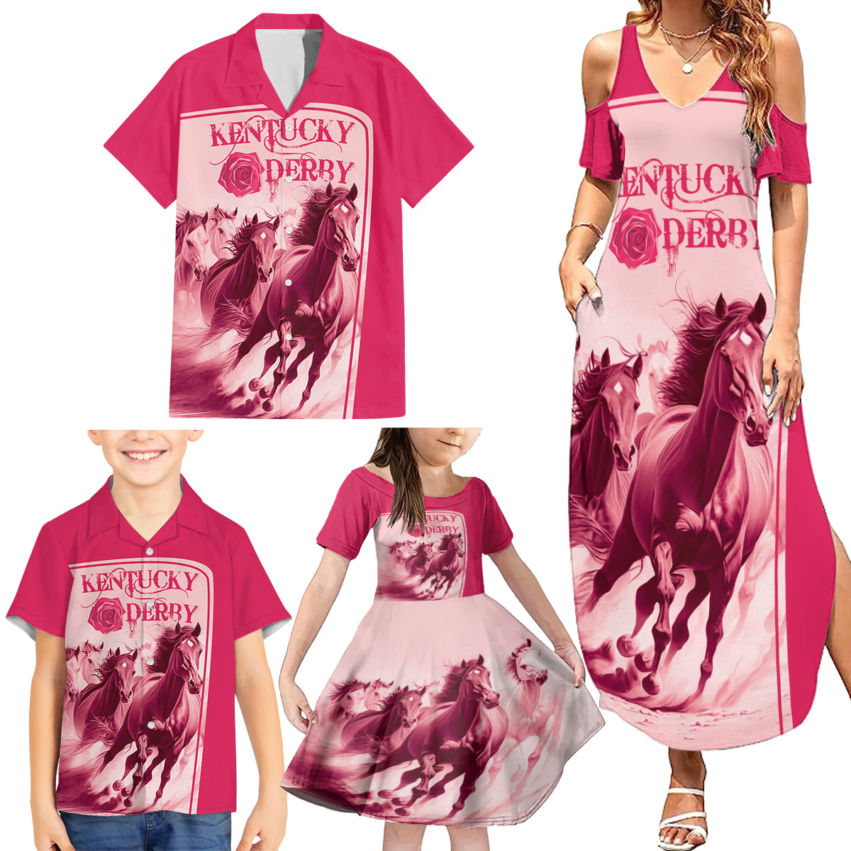 Kentucky Horse Racing Personalized Family Matching Summer Maxi Dress and Hawaiian Shirt Pink Out - Wonder Print Shop