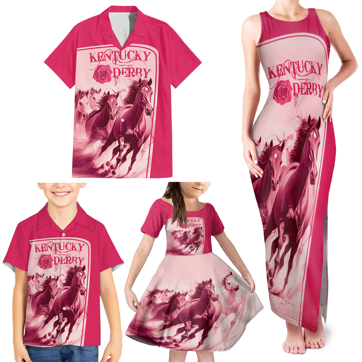 Kentucky Horse Racing Personalized Family Matching Tank Maxi Dress and Hawaiian Shirt Pink Out - Wonder Print Shop