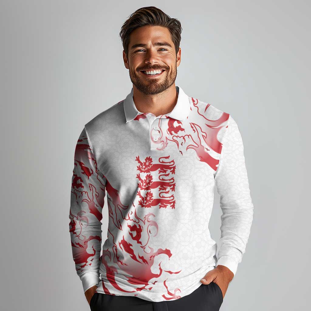 Custom England Rugby Pride Long Sleeve Polo Shirt Tudor Rose Flame Fire Style