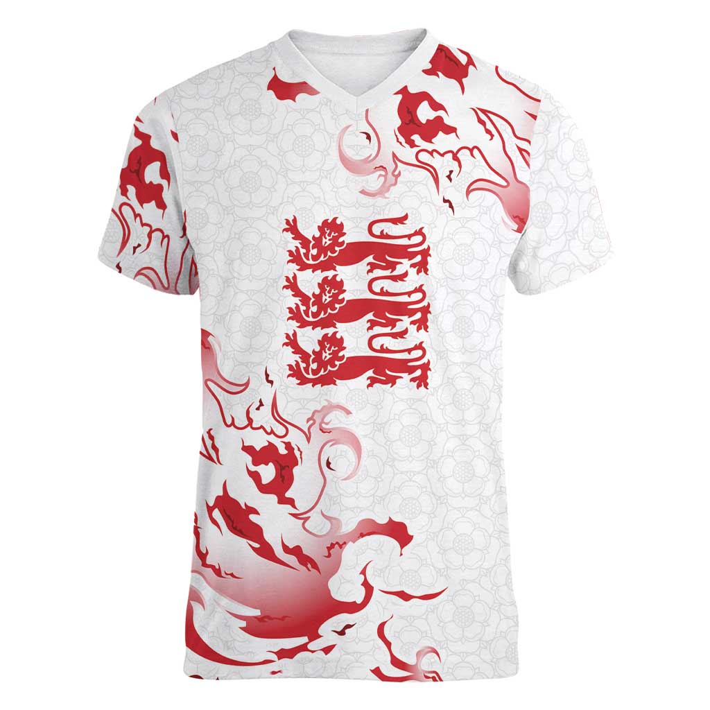 Custom England Rugby Pride Women V-Neck T-Shirt Tudor Rose Flame Fire Style