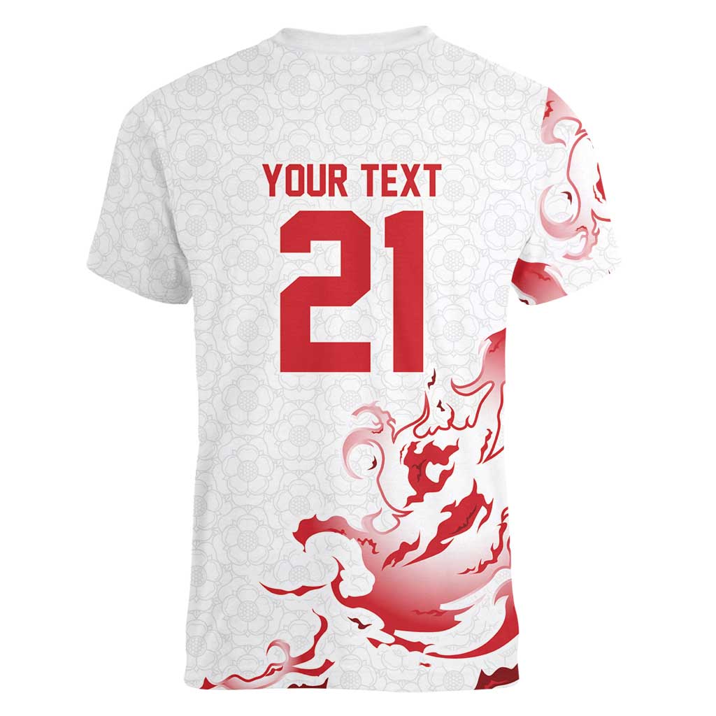 Custom England Rugby Pride Women V-Neck T-Shirt Tudor Rose Flame Fire Style