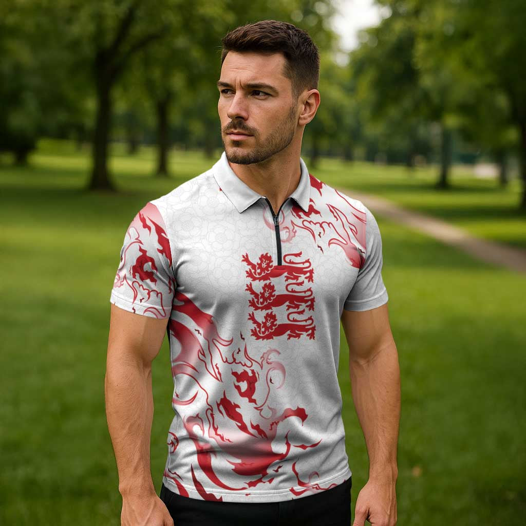Custom England Rugby Pride Zipper Polo Shirt Tudor Rose Flame Fire Style