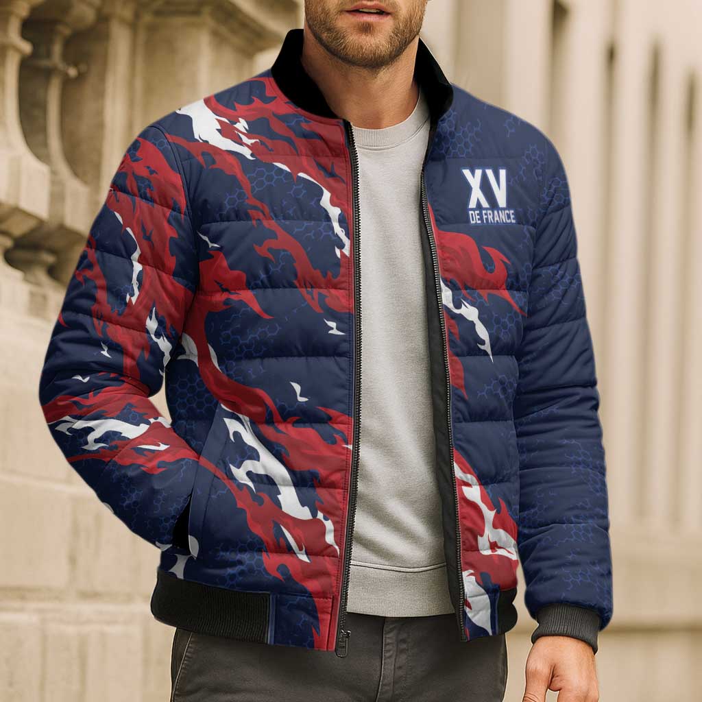 Custom France Rugby Pride Bomber Puffer Jacket XV de France Flame Fire Style