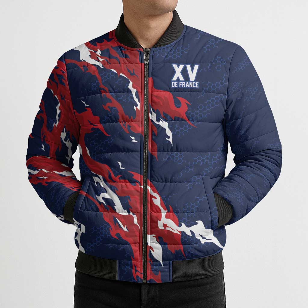 Custom France Rugby Pride Bomber Puffer Jacket XV de France Flame Fire Style
