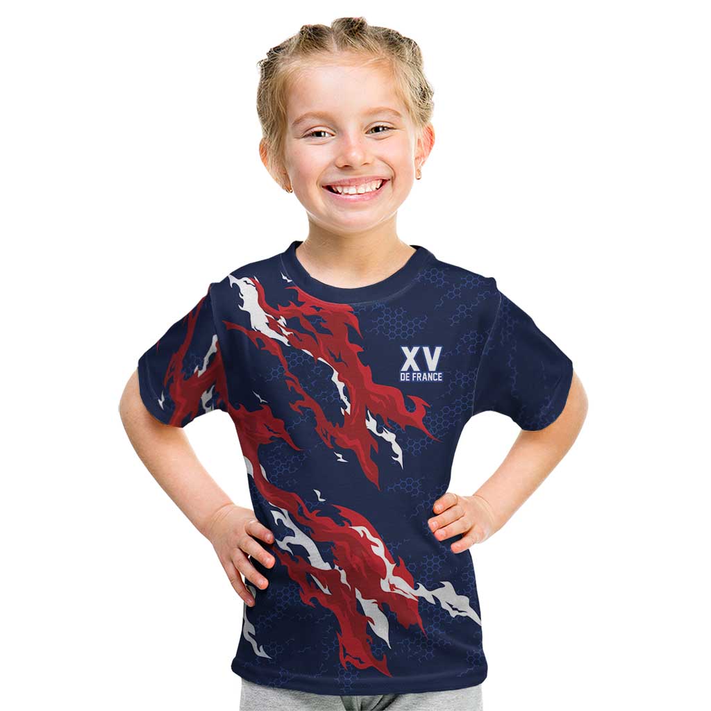 Custom France Rugby Pride Kid T Shirt XV de France Flame Fire Style