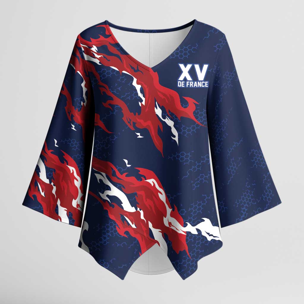 Custom France Rugby Pride Kimono Sleeve Blouse XV de France Flame Fire Style