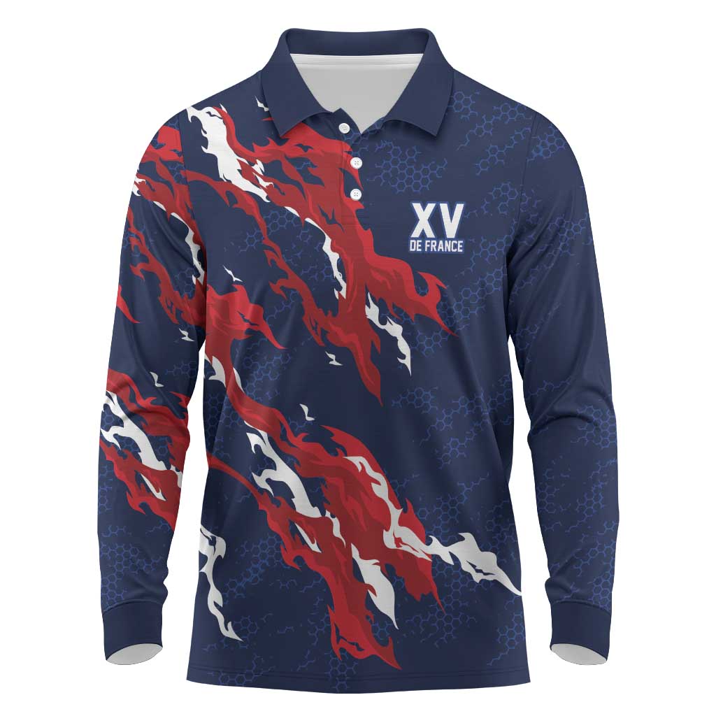Custom France Rugby Pride Long Sleeve Polo Shirt XV de France Flame Fire Style