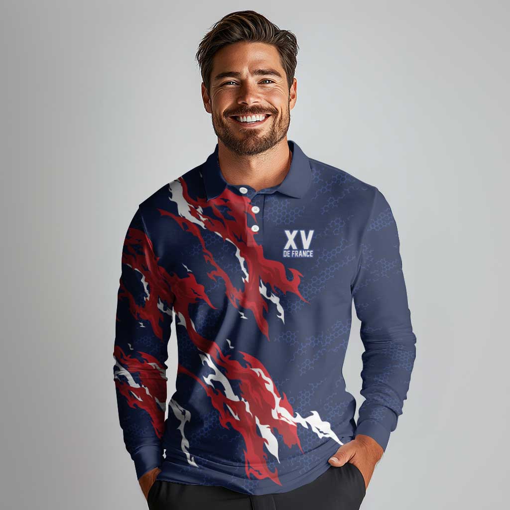 Custom France Rugby Pride Long Sleeve Polo Shirt XV de France Flame Fire Style