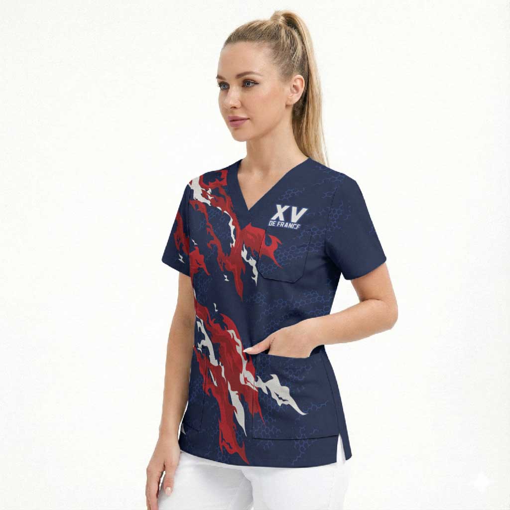 Custom France Rugby Pride Scrub Top XV de France Flame Fire Style