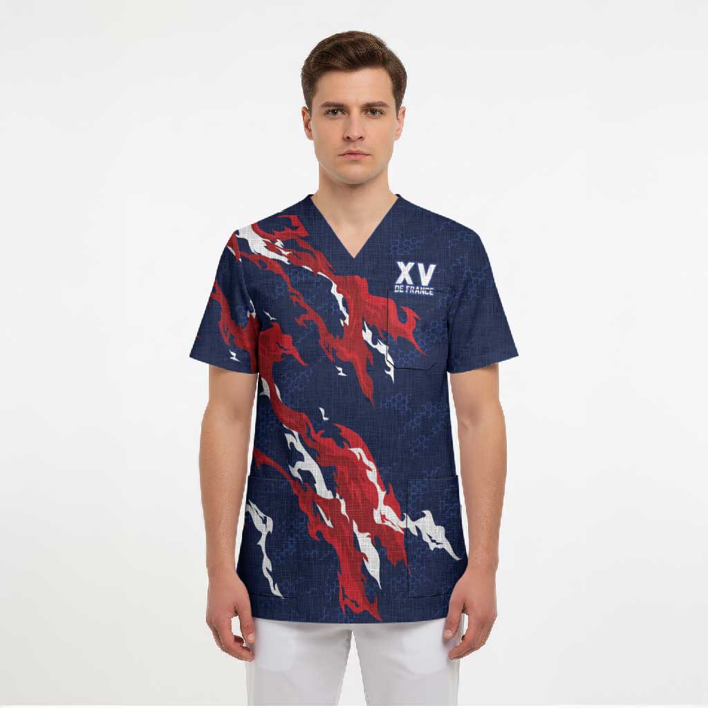 Custom France Rugby Pride Scrub Top XV de France Flame Fire Style