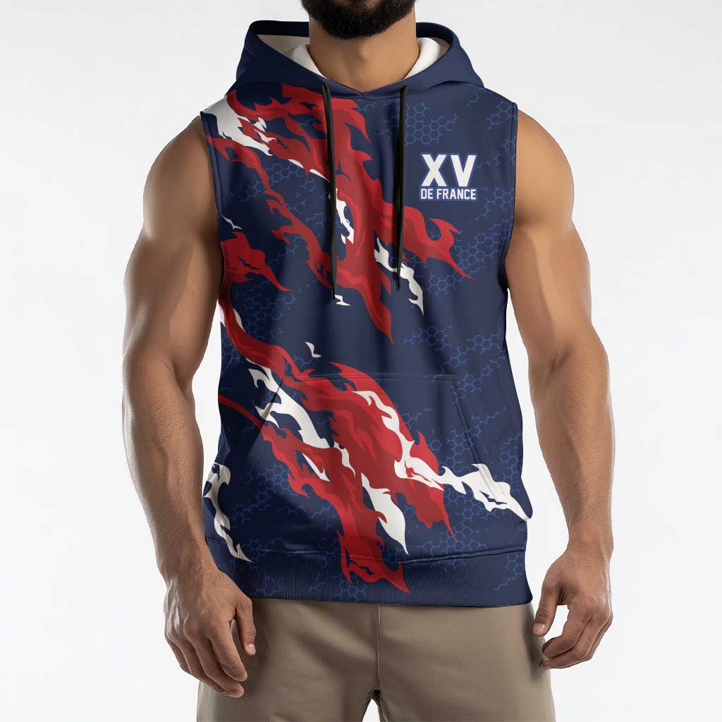 Custom France Rugby Pride Sleeveless Hoodie XV de France Flame Fire Style