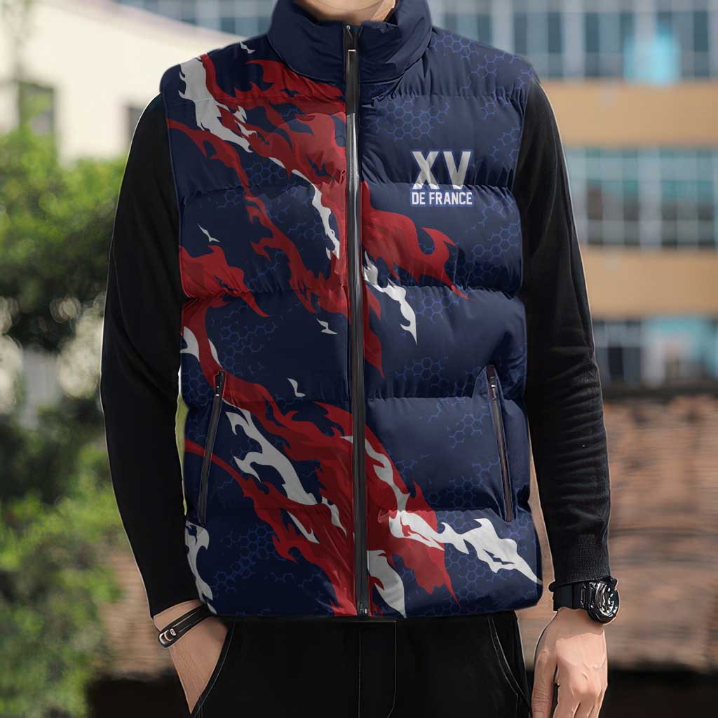 Custom France Rugby Pride Sleeveless Puffer Jacket XV de France Flame Fire Style