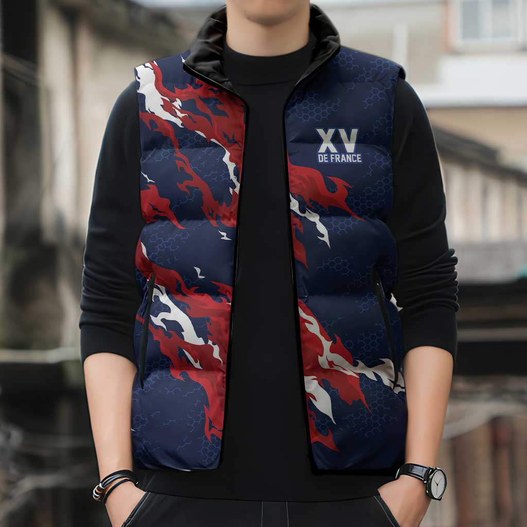 Custom France Rugby Pride Sleeveless Puffer Jacket XV de France Flame Fire Style