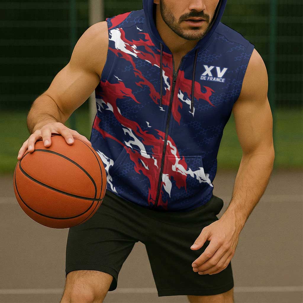 Custom France Rugby Pride Sleeveless Zip Hoodie XV de France Flame Fire Style