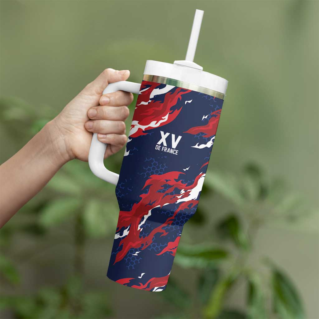 Custom France Rugby Pride Tumbler With Handle XV de France Flame Fire Style